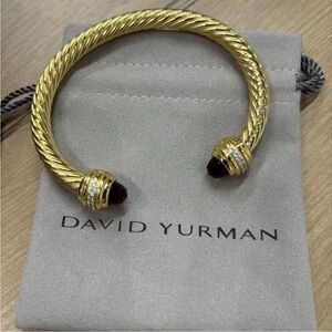 David Yurman Gold Cable Cuff with Garnet Terminals 7mm